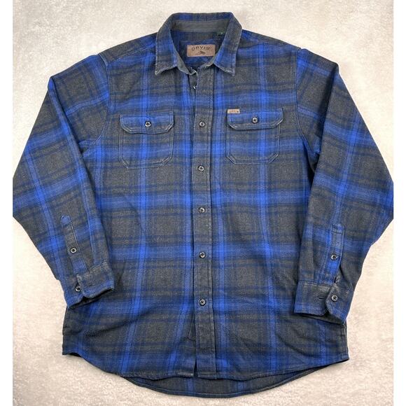 Orvis Blue Check Heavy Cotton Flannel Pockets Button Shacket Shirt Men’s Size LT - Picture 1 of 9